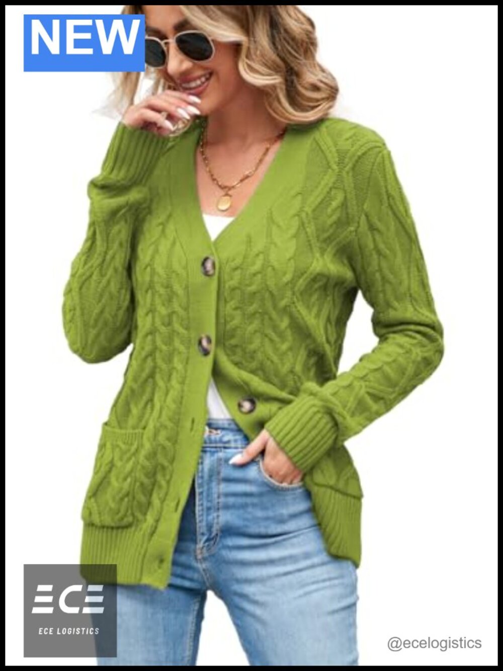 Chunky Cable Knit Button Up Cardigan Long Sleeve V-Neck Sweater